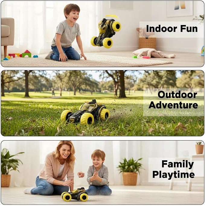 Friction Powered Flip Stunt Car, Push and Go Toy Car with 360° Upright Spin, Dual-Sided Rotating Off-Road Vehicle, No Batteries Required, Toy Car for Boys & Girls Ages 3 (Yellow)