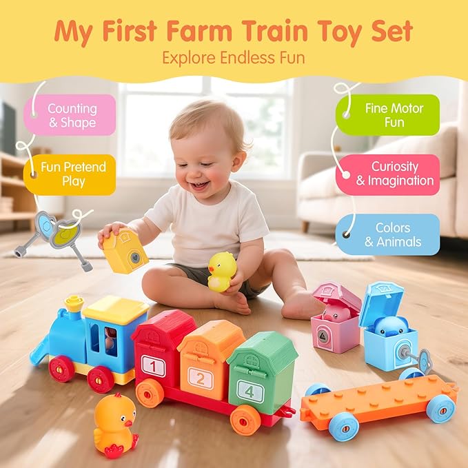 hahaland Toddler Learning Toys for 2 3 Year Old-Counting Matching & Sorting Activity Montessori Train Set with Farm Animals Finger Puppets Keys to Lock and Unlock Barn Birthday Easter Basket Stuffers