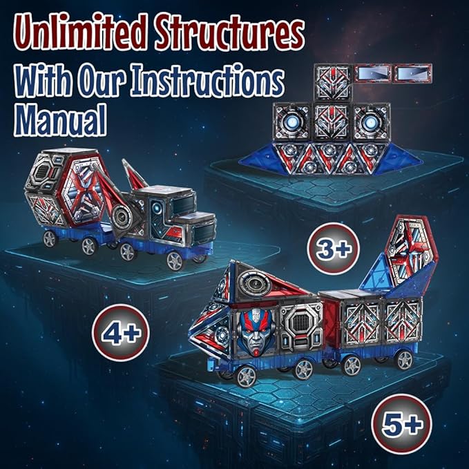 Little Pi Magnetic Tiles MegaBots 58 PCS | Heroic Transformation Robots with Sword & Shield | STEM Creative Building Play for Kids Age 3 4 5 6 7 8