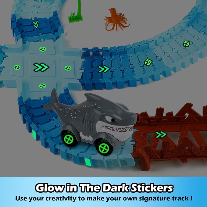 Coroiesty 264 PCS Shark Race Tracks for Kids Toys, Glow in The Dark Magic Toy Set, 2 Shark Cars Track, Flexible DIY Track Set, Birthday Gift for Age 3-9 Boys Toddler Girls