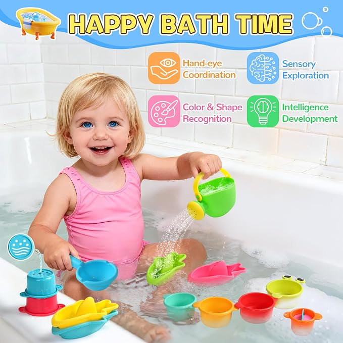 Zeewoo Baby Bath Toys for Kids Ages 1-3 Toddler Bath Toys Mold Free Bathtub Toys for 12+ Months Pool Water Table Beach Sand Toys Stacking Cups Floating Boats for 1+ Years Old Girls Boys Gifts 13 PCS