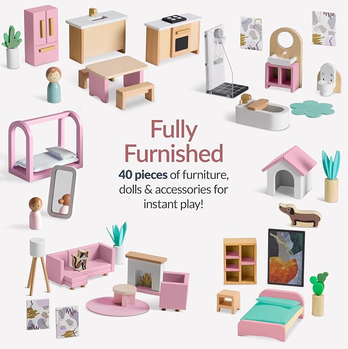 Best Choice Products Modern Wooden Dollhouse for Kids, 3-Story Doll House with 40 Furniture Accessories, Interactive Dollhouse Set with Dolls, Multi-Room Design for Girls & Boys - Pink