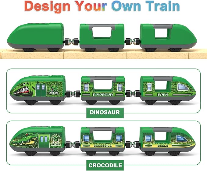 Dinosaur Train for Kids 3-5 – Battery Operated Bullet Train with Opening Doors & DIY Stickers, 3-Car Electric Railway Set Compatible with Thomas & Brio