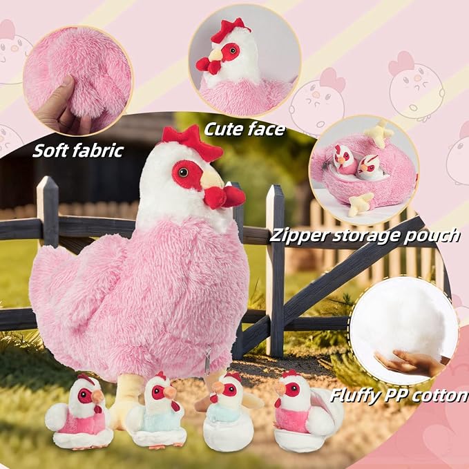 Youthfuljive 9 in 1 Chicken Stuffed Animal Set, Stuffed Chicken Plush Toy Egg Laying Hen with Zipper and Baby Chicks Toy Chickens Eggs and Chicken Coop Toys for Kids Toddler Birthday Farm Decor