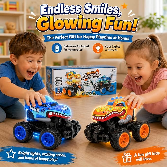 2 Exploding Pack Monster Trucks for Boys Age 4-7, Dinosaur and Shark Light Up Push and Go Toy Cars with Music, Friction Powered Birthday Gifts for Kids Ages 3-7