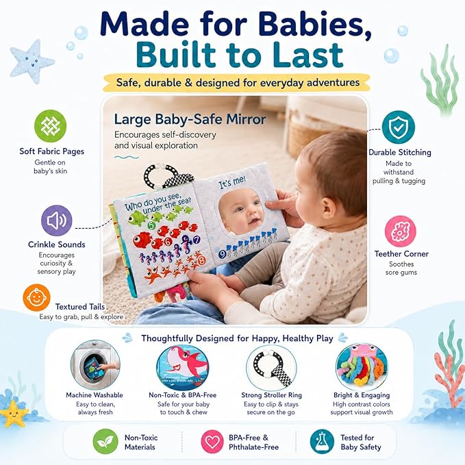Fish Baby Books Toys, Touch Feel Cloth Crinkle Books for Babies,Baby Infant Toys 0-6, 6-12,12-18 Months,Newborn,Early Learning Education, Baby Gifts Shower for Boys Girls,Teething, Mirror,Shark Ocean
