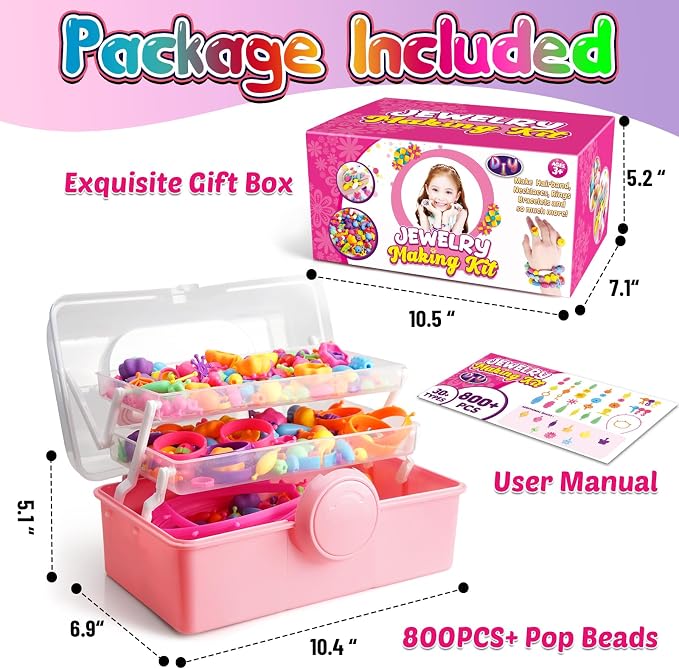 FUNZBO 850pcs Pop Beads - Jewelry Making Kit for 3 4 5 6 7 8 Year Old Little Girls, Arts and Crafts Toys for Kids, Necklace Bracelet Ring Hairband Creativity Snap Set, Birthday Gifts for Kids