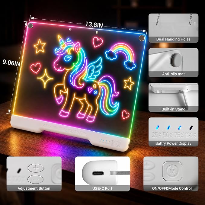 HASSKY Rechargeable LED Drawing Board, 7 Colors 4 Light Modes Glow Doodle Pad, Dry Erase Light Up Note Board with Built-in Stand, 6H Battery Life Art Kit for Kids Girls Boys Birthday Gifts