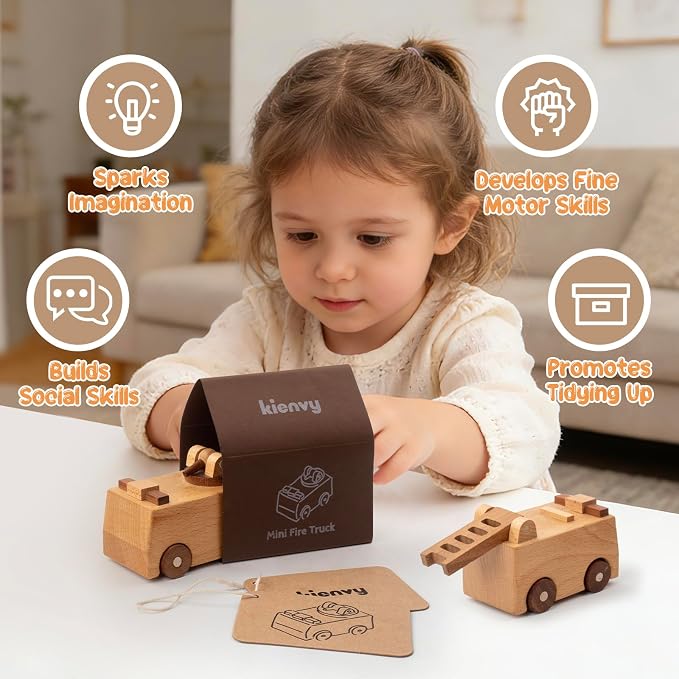 Wooden Toy Cars for 3 Year Old Boys & Girls - Construction Vehicles Set Push Toys for Toddlers, Wood Montessori Car with Rolling Wheels, Natural Wood Toys (Ladder Truck & Fire Truck)