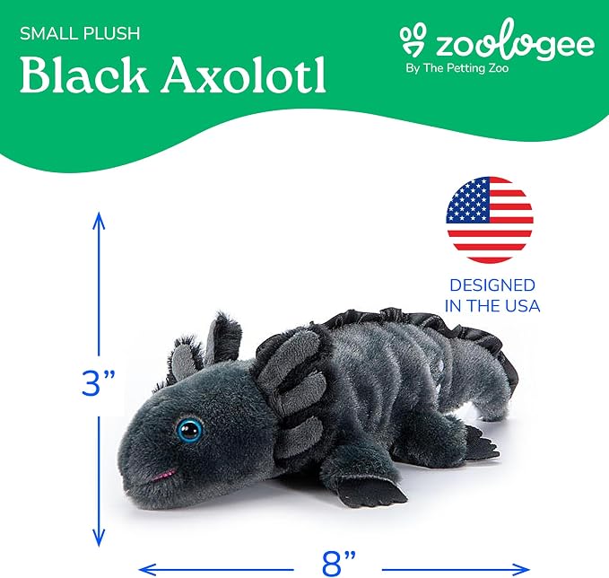 The Petting Zoo Black Axolotl Stuffed Animal Plushie, Gifts for Kids, Scoopz Sealife Animals, Black Salamander Plush Toy, 8 inches