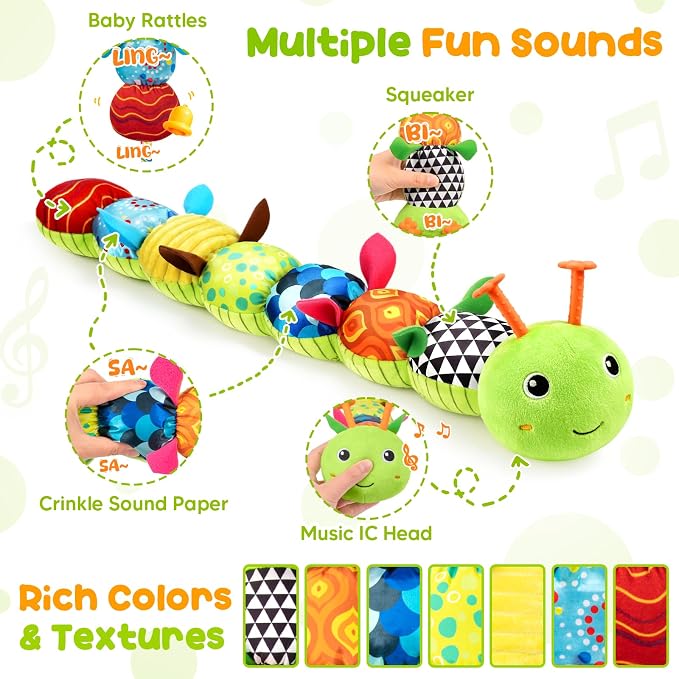 Baby Toys Musical Caterpillar, Infant Stuffed Animal for 0-6 6-12 Months with Crinkle and Rattles, Tummy Time Sensory Toys Newborn Boys Girls Gifts 0 3 6 9 12 Months - Green