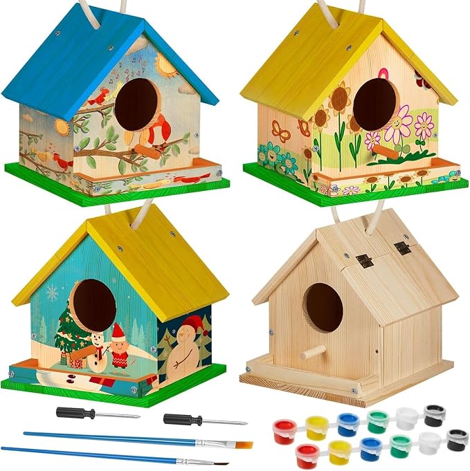 Liliful 24 Sets Wooden DIY Birdhouse Kit, Unfinished Bird Houses with Paints and Paintbrushes, Bird Feeder Craft Arts for Kids Ages 4-8, 8-12, Classroom Activity and Adults Wooden Craft Gifts