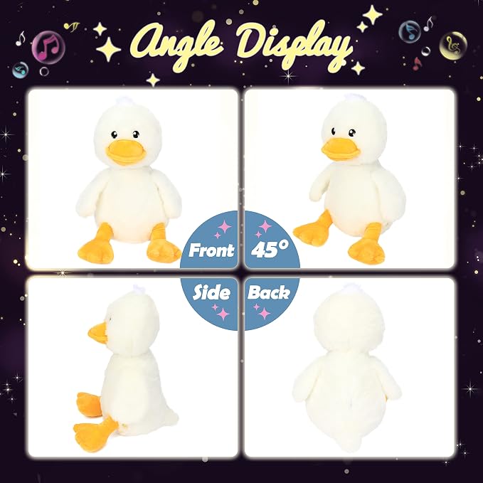 Hopearl LED Musical Stuffed Duck Light up Singing Duckling Plush Toy Adjustable Volume Lullaby Animated Soothe Birthday Gifts for Kids Toddler Girls, White, 11''