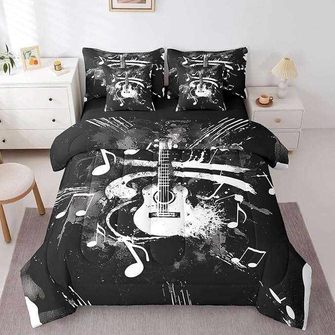 Feelyou Guitar Comforter Set with Sheets King Size Rock Music Bed in a Bag for Boys Girls Teens Black 7 Pieces Bedding Set Soft Lightweight Microfiber