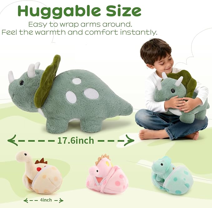 Dinosaur Stuffed Animal Set, 17.6 Inch Green Mommy Dinosaur Plush with 3 Baby Dinosaurs, Triceratops Stegosaurus Diplodocus Plush Toys for Girls Boys Kids, Cute Dino Christmas Birthday Gift
