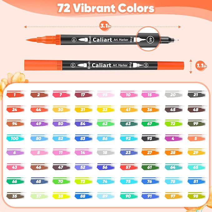 Caliart 72 Colors Double Tip Brush Pens Art Markers, Artist Fine & Brush Coloring Markers for Adult Book Journaling Calligraphy Lettering Planners Cards Drawing Craft Kit Teacher Office Supplies