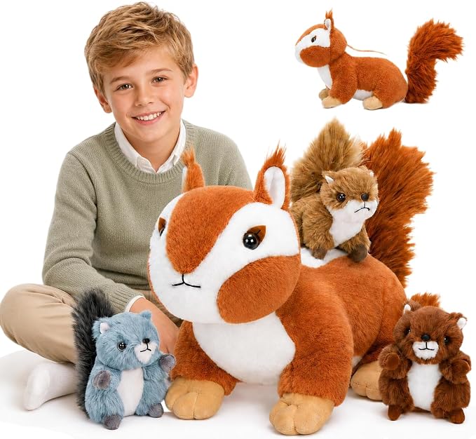 Tezituor Chipmunk Stuffed Animal, Soft Stuffed Squirrel for Kids,17.7" Squirrel Plush Toys Bulk,Realistic Mommy Chipmunks Plushie with 3 Babies for Christmas,Valentines,Easter,Birthday,Party Decor