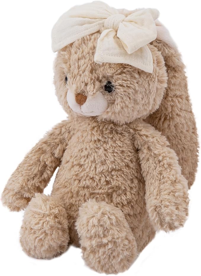 Bunny Stuffed Animal Soft Rabbit Cuddly Toy 8'' Long - Eared Brown Plush Bunny with Cream Bow Plush Toys for Babies and Toddlers