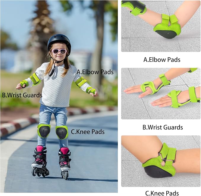 Kids/Youth Knee Pads and Elbow Pads Set with Wrist Guard 3 in 1 Kids Protective Gear Set for 3-14 Years for Skateboarding, Skiing, Cycling, BMX Biking, Running, Scooter