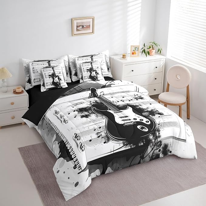Feelyou Music 7 Pieces Bedding Set King Size Guitar Comforter Set with Sheets for Kids Boys Girls Rock Music Bed in a Bag Guitar Instruments Bed Set
