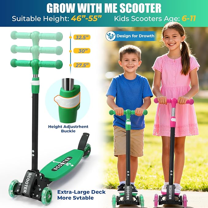 3 Wheel Scooter for Kids Ages 3-12, LED Light-Up Kids Kick Scooter–Portable Foldable, Adjustable Height, Durable Metal Construction, 6" Extra Wide Deck for Outdoor Activities,Child Safety Certified