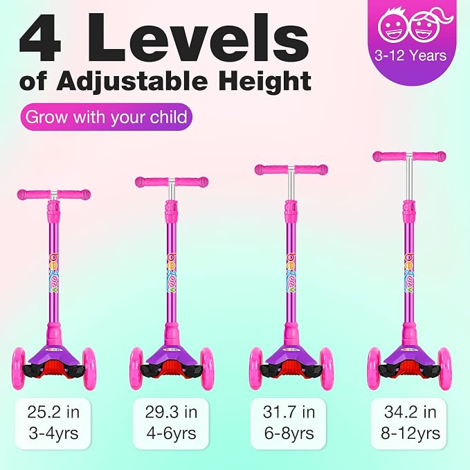BELEEV Scooters for Kids 3 Wheel Kick Scooter for Toddlers Girls Boys, 4 Adjustable Height, Lean to Steer, Light up Wheels, Extra-Wide Deck, Easy to Assemble for Children Ages 3-12