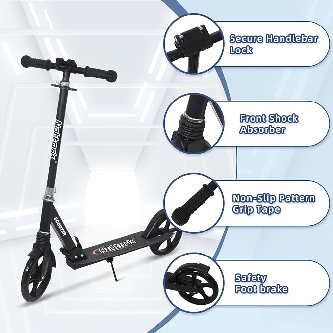 Nattork Kick Scooter for Kids 6+ Years Teens Adults - 220LB Weight Capacity, Front Shock Absorber and Adjustable Handlebar - Smooth Ride with 8" Sturdy Wheels, Ideal for Outdoor Sports