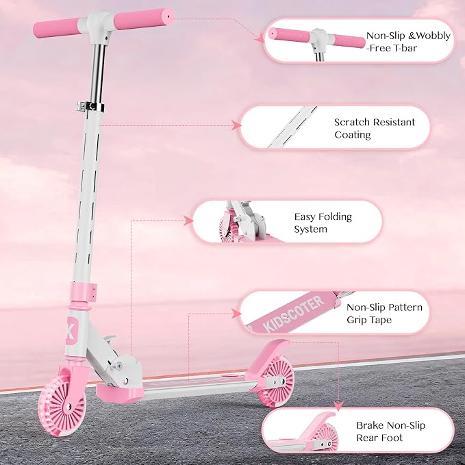 2 Wheel Scooter for Kids 3-12, Light Up Wheels & LED Stem Kick Scooter, Height Adjustable & Foldable Design, Lightweight Sport Scooter for Girls Boys with Kickstand