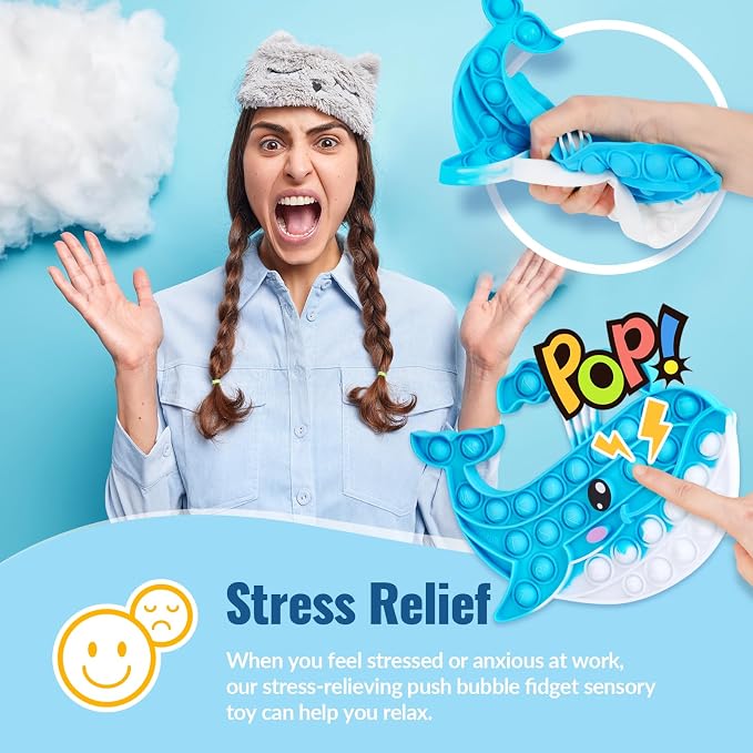 Whale Pop Fidget Toy for Kids and Adults, Large Silicone Sensory Bubble Toy for Stress Relief and Focus, Calming Tie-Dye Blue Push Popper for ADHD Autism Anxiety, Reusable and Washable Press Toy
