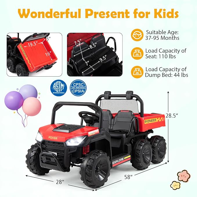 Costzon 2-Seater Ride on Dump Truck, 4WD 24V Kids Car Electric Vehicle with Remote Control, Electric Dump Bed, Shovel, Music, Story, Lights & Wireless Connection, Kids UTV for Boys Girls, Gift (Red)