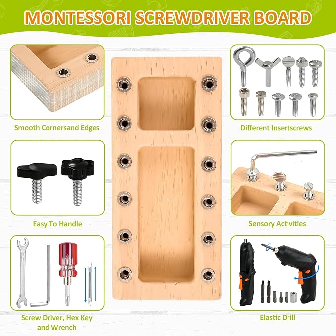 Montessori Screwdriver Board Set with Electric Drill, Wooden Montessori Busy Board Toys Screw Driver Activities Tools for 3 4 5 Year Old Kids, Sensory Learning STEM Fine Motor Skills Toys for Boys