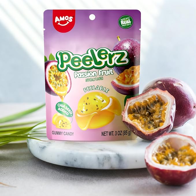 AMOS Peelerz Passion Fruit 85 g – Tropical Snack, Pre-Peeled Style Passion Fruit Candy,Fruity Flavor & Peelable Texture, Ready-to-Eat Snack Pack