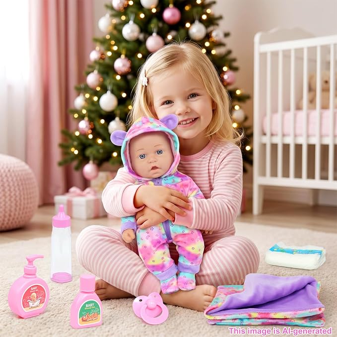 Ecore Fun 12 Inch Baby Doll with Outfit, Sleeping Bag,Pacifier, Bottle, Diaper & Care Set, Realistic Pretend Play Doll Accessories for Kids 3+