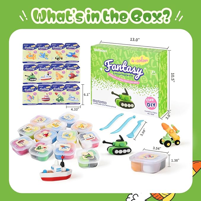 Both idea Air Dry Clay Kit, Camo Theme | 12 Packs, Non-Toxic Kids Gift | School & Party: Perfect for classroom art activities, birthday party favors, creative family DIY, and holiday celebrations.