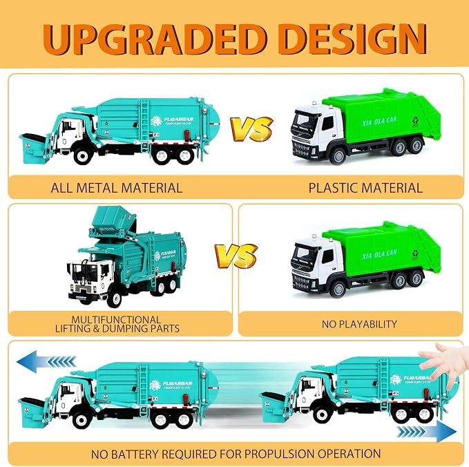 FUBARBAR Truck Toy Model – 1:43 Diecast Metal Garbage Recycling Waste Transport Truck with Trash Bin, Pull Back Model Car Toy for Kids 4-6 Age Boys Birthday Gift (Blue)