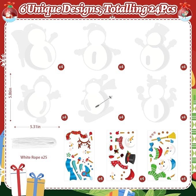 PAIVSUN 24Pcs Christmas Craft Kits, DIY Snowman Stickers Cutouts Ornaments Kit, Make Your Own Christmas Craft for Xmas Tree Decorations Winter Party Handcraft Supplies