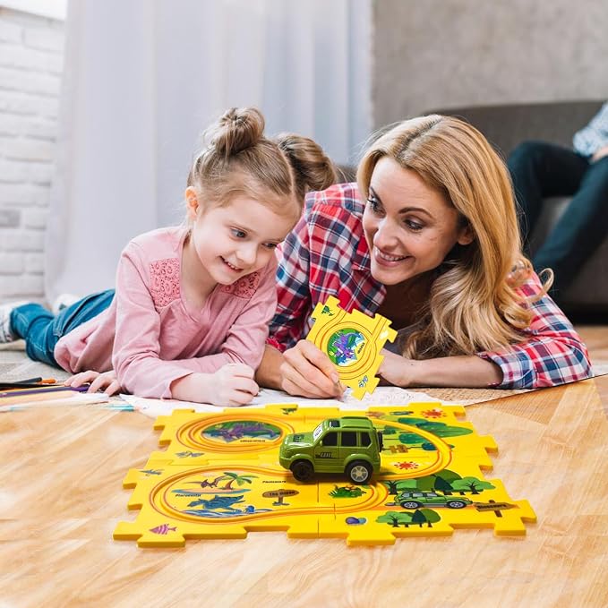 4 Year Old Boy Birthday Gift, Puzzle Racer Kids Car Track Set Puzzle Racer Car Track Set with Roadmap Puzzle Track Car Play Set Toys for 4 Year Old Boys (E-Dinosaur, Set3-5Pcs)