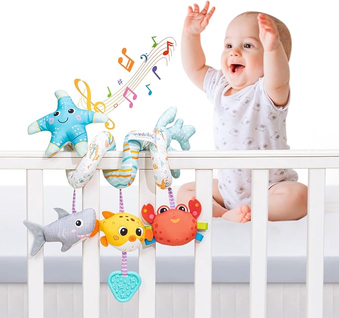 Jollybaby Crib Stroller Car Seat Toys for Baby 0-3-6-9-12 Months, Tummy Time Hanging Sensory Toys for Newborn with Music Box and Teether, Spiral Carseat Toy for Infant Boys Girls Gifts (Blue)