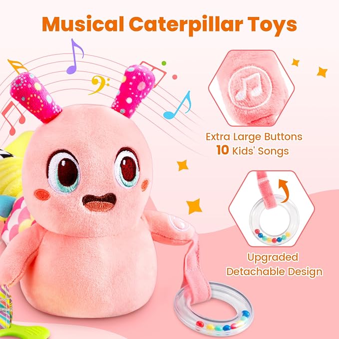 GoGonova Musical Caterpillar Baby Sensory Toy for Infant Development 0-12 Months – Tummy Time Crawler & Teether – Newborn Bath, Car Seat, Stroller & Bassinet Activity Toy & Gift(Pink)