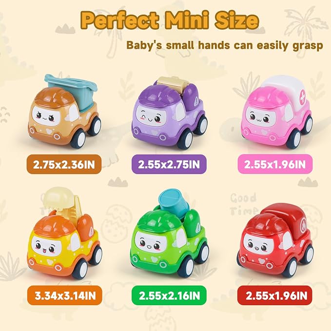 Baby Mini Car Toys for 1 Year Old Boy Gifts, 6 Sets Pull-Back Trucks for Toddlers Age 1-3, Infant Push and Go Friction Powered Vehicles, Early Educational Birthday Gift for 1 2 3 Year Olds Boy Girl