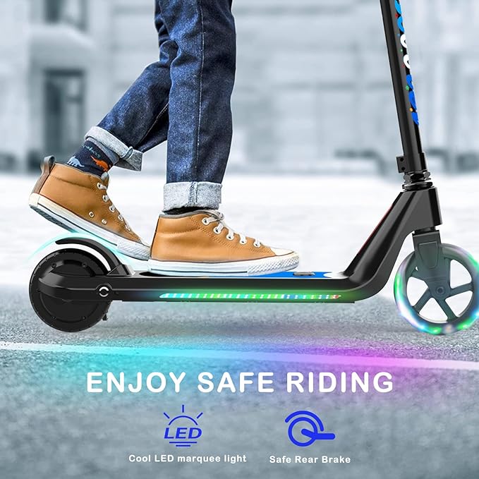 LINGTENG Electric Scooter for Kids Age 6-10, Kick-Start Boost Scooter with Adjustable Speed and Height, Flash Wheel & Deck Lights
