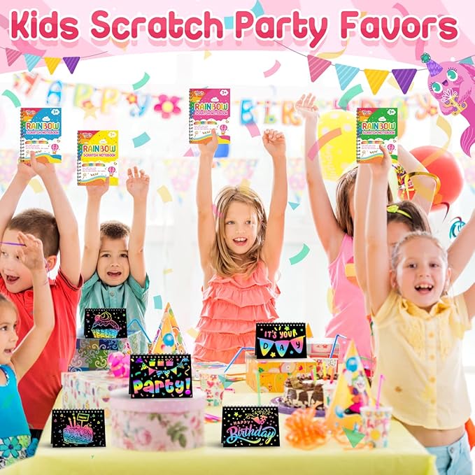 Scratch Paper Art Party Favors for Kids: 16 Pack Rainbow Scratch Notebook, Goodie Bags Stuffers Coloring Books Party Favors for Kids 3-12, Bulk Classroom Birthday Gifts for Student