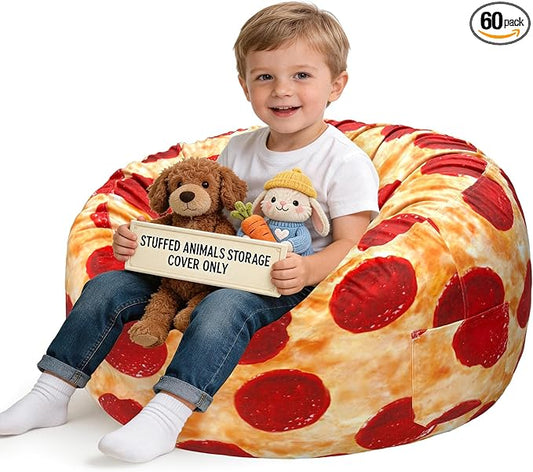 Lukeight Pizza Stuffed Animals Storage Bean Bag Chair Cover for Kids Toddlers, Cozy Velvet Plush Toy Organizer Seat, Cover Only, No Filling Included, Long YKK Zipper, Side Pocket, Large 27 x 16 in