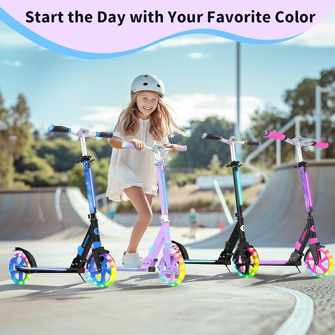 BELEEV V8 Scooters for Kids Ages 6+ with Light-Up Deck, 2 Wheel Folding Scooter for Kids, 4 Adjustable Height, Lightweight Sport Commuter Scooter, Sturdy Frame