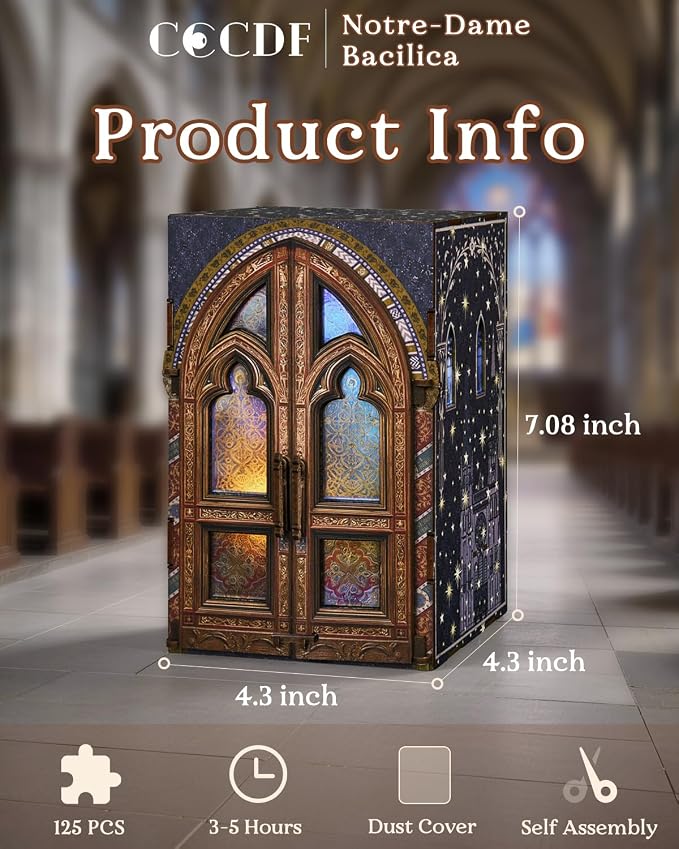 CCCDF DIY Wooden Dollhouse Kit, Gothic Revival Miniature with Dustproof Door, 2-3 Hours Assembly Creative Craft for Adults Bookshelf Decor (Notre-Dame Basilica