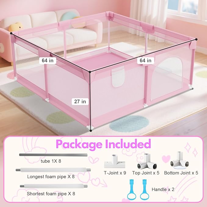 Pink Baby Playpen for Girls - 64"x64" Large Playard with Anti-Collision Soft Corners Sturdy Safety Play Yard for Babies and Toddlers Indoor Infant Activity Center with Non-Slip Suckers