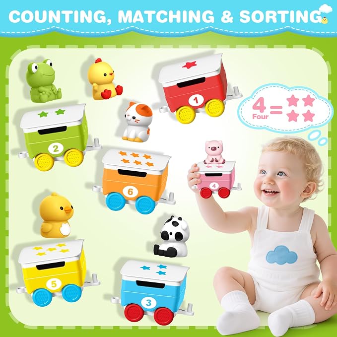 Learning Toy for Toddlers Ages 2-4, Electric Toys Trains with Lights, Music & Steam, Counting, Matching & Sorting Montessori Toy with 6 Finger Puppets, Birthday Xmas Gifts for Baby Boys Girls 18M+