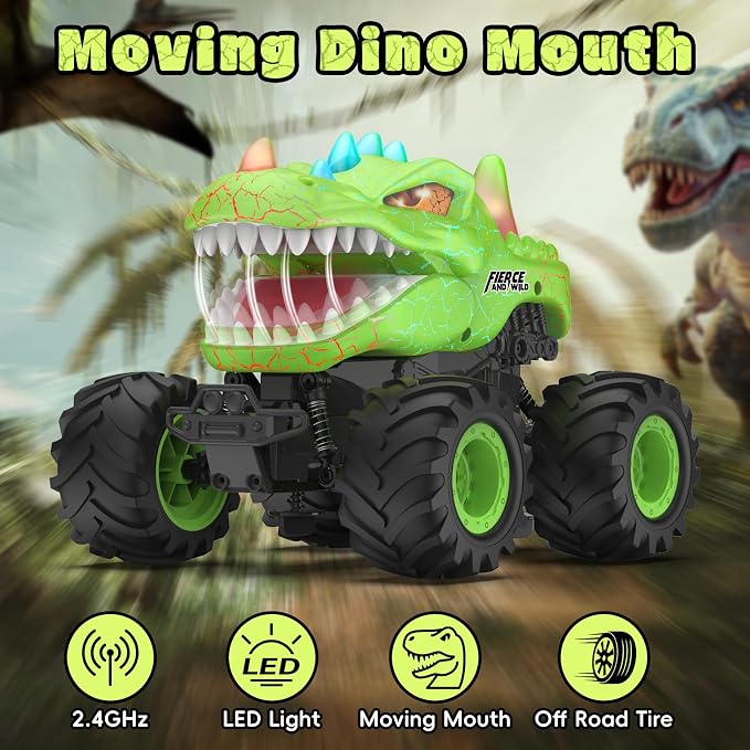 Dinosaur Remote Control Car, 2.4GHz Monster Truck Toys Rechargeable RC Cars 1:24 Scale RC Truck with LED Light Movable Mouth, Dinosaur Cars Toys for Kids Boys 6-8 8-12 Birthday Gift, Green