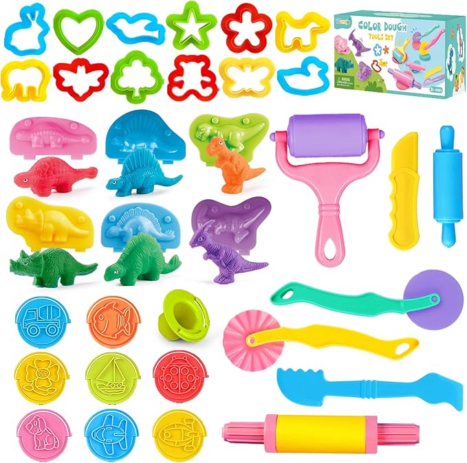 Dough Tools Set, 34 Pcs Dough and Clay Accessories with Stamp, Cutters, Dino Maker, Animals Molds, Rolling Pins, Modeling Clay Play Tools Kit for Boys Girls