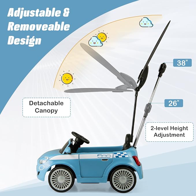 OLAKIDS Push Car for Toddlers, 3 in 1 Licensed Fiat 500e Baby Sliding Walking with Parent Control Handle Adjustable Canopy Footrest, Kids Ride on Toys with Horn for Boys Girls (Blue)